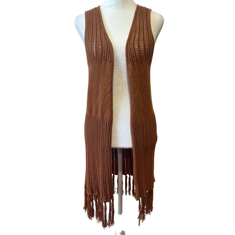 Boutique XXI‎ Cardigan Vest S Rust Brown Crochet Knit Fringe Boho Long Festival